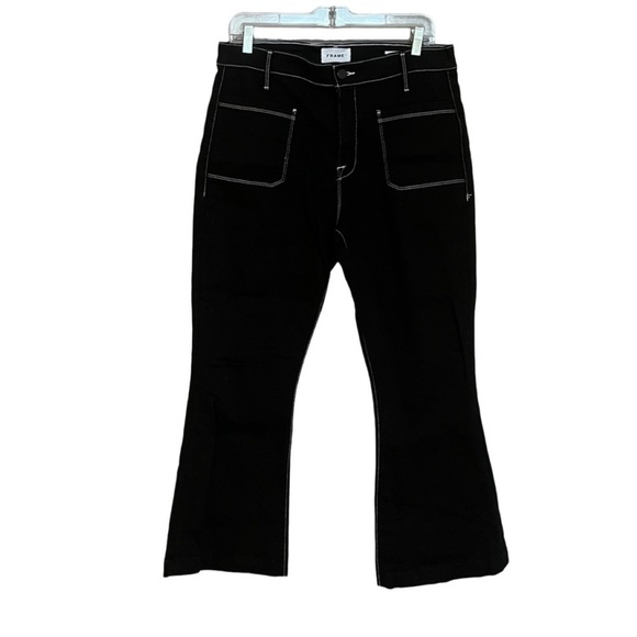 Le Bardot Crop Flare Pant. Black with white stitching by Frame - Picture 1 of 4